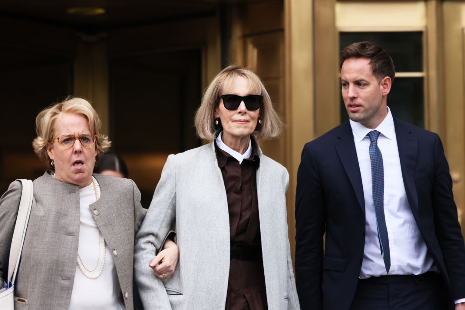 NEW YORK, NEW YORK - APRIL 25: Magazine Columnist E. Jean Carroll leaves after the first day of her civil trial against former President Donald Trump at Manhattan Federal Court on April 25, 2023 in Ne ...