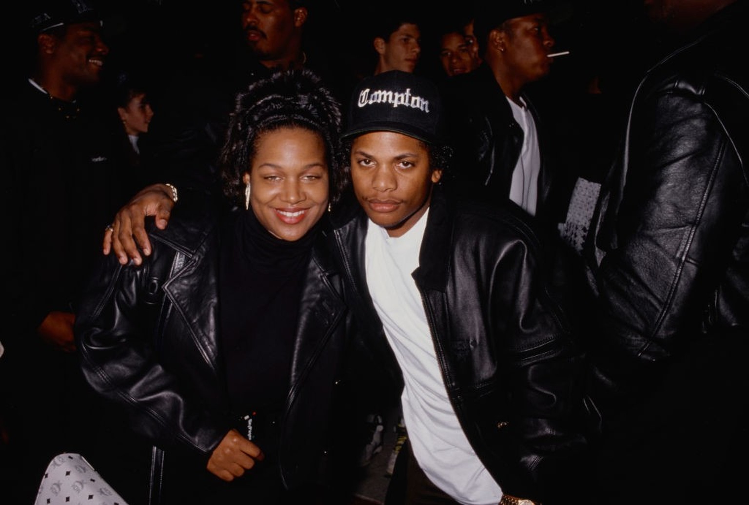 American R&amp;amp;B singer Michel&amp;#039;le (Michel&amp;#039;le Denise Toussant), wearing a black leather jacket, with American rapper Eazy-E (1964-1995), wearing a black leather jacket and a Compt ...