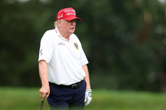 BEDMINSTER, NEW JERSEY - AUGUST 10: Former President Donald Trump looks on during the pro-am prior to the LIV Golf Invitational - Bedminster at Trump National Golf Club on August 10, 2023 in Bedminste ...