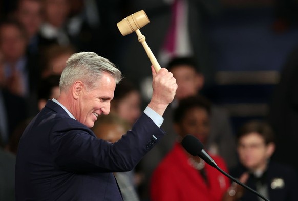 WASHINGTON, DC - JANUARY 07: U.S. Speaker of the House Kevin McCarthy (R-CA) celebrates with the gavel after being elected as Speaker in the House Chamber at the U.S. Capitol Building on January 07, 2 ...