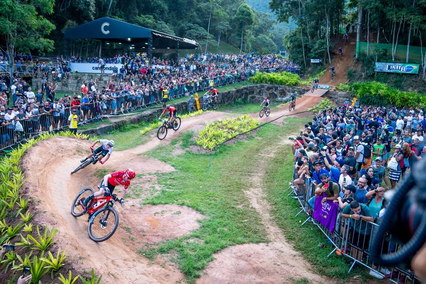 Mathias Flueckiger of Switzerland, in action during the UCI Cross Country Mountain Bike World Cup Short Track race, on Friday, April 8, 2022, in Petropolis, Brazil. (KEYSTONE/Maxime Schmid)