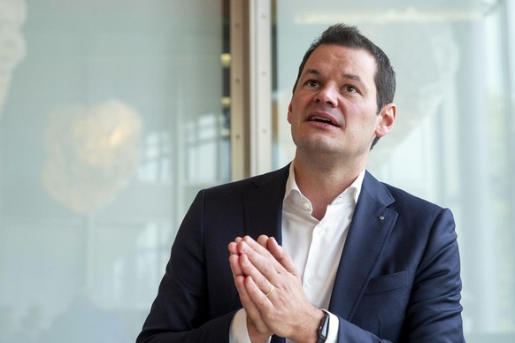 Pierre Maudet, conseiller d&#039;Etat genevois, s&#039;exprime lors de l&#039;inauguration de la centrale solaire des SIG (Services industriels de Geneve), ce mardi 13 octobre 2020 a Geneve. La centra ...