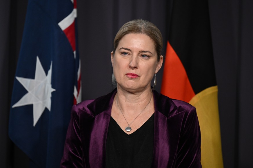 epa13050570 Australian Agriculture Minister Julie Collins speaks during a press conference at Parliament House in Canberra, Australia, 20 June 2026. A confirmed case of H5 bird flu variant was detecte ...
