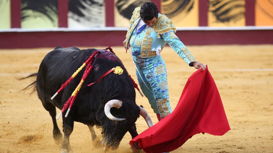 epa09422422 Spanish bullfighter Morante de la Puebla fights a bull during the traditional 'Corrida Picassiana' at La Malagueta bullring in Malaga, Andalusia, Spain, 20 August 2021. The ' ...