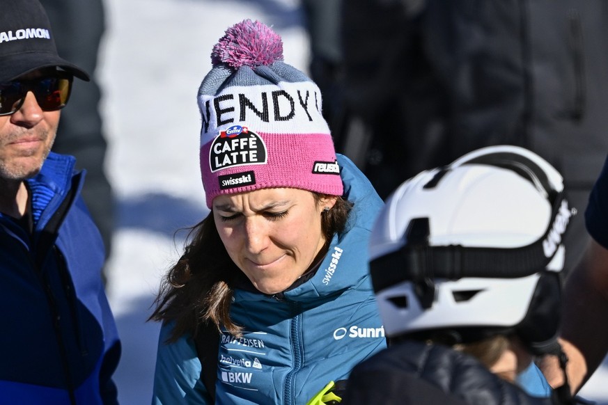 Wendy Holdener of Switzerland reacts in the finish area after dropping out of the second run of the women&#039;s slalom race at the 2023 FIS Alpine Skiing World Championships in Courchevel/Meribel, Fr ...