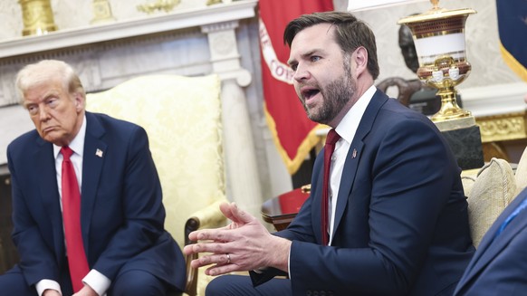 epa11930773 US Vice President JD Vance (R) speaks while attending a meeting between US President Donald Trump (L) and Ukrainian President Volodymyr Zelensky in the Oval Office of the White House in Wa ...
