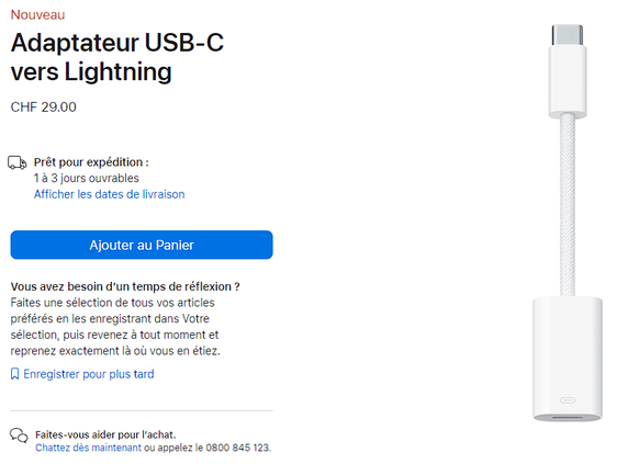 Capture d&#039;écran d&#039;un adaptateur Apple USB-C vers Lightning, depuis l&#039;Apple Store.