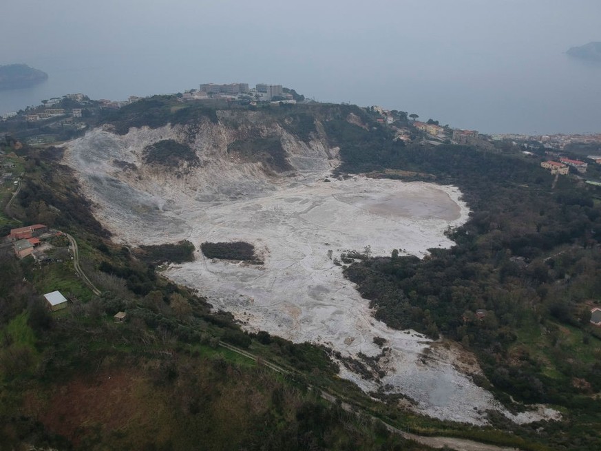 View of the Solfatara crater, part of the Campi Flegrei Volcano in Pozzuoli, the biggest caldera of southern Italy, Campania region