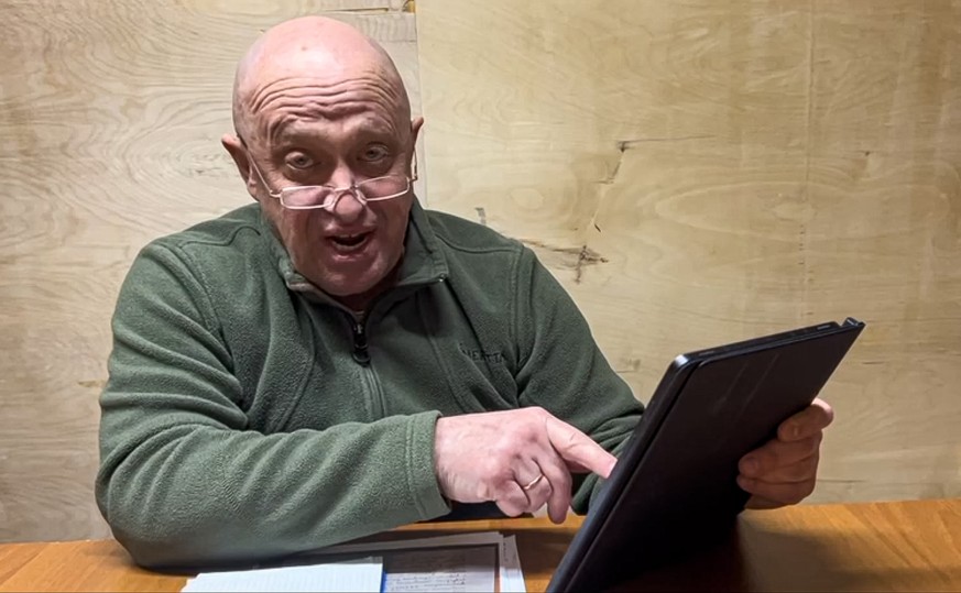 In this handout image taken from a video released by Prigozhin Press Service on Friday, May 12, 2023, head of Wagner Group Yevgeny Prigozhin makes a video statement from an unknown location. In a vide ...