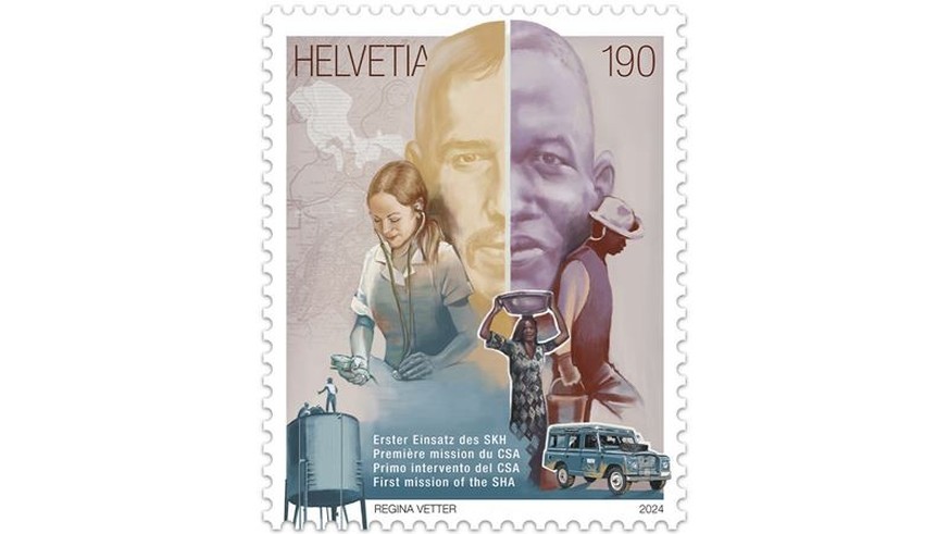 Le timbre de 1,90 francs illustre l&#039;action du corps de milice suisse au Tchad.