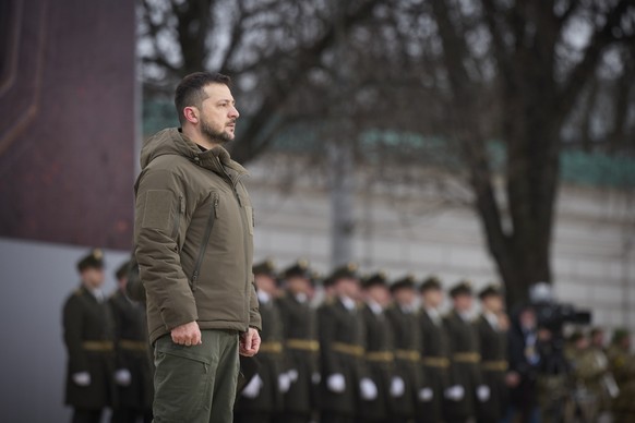 epa10487435 A handout picture made available by the presidential press service shows Ukrainian President Volodymyr Zelensky taking part in the event &#039;February, Year, Invincibility&#039; on Sofiiv ...