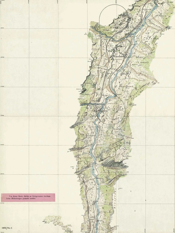 Feuille «Wassen» de la carte des fortifications de la région du Saint-Gothard, 1892. Généralement, les vallées revêtant une importance stratégique étaient relevées en premier avant que les opérations  ...