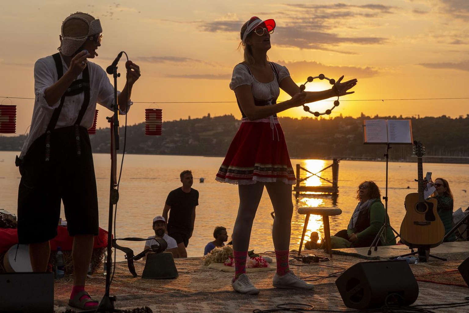 The Collectif du Feu de dieu perform with a special show for the Swiss National Day, during Les Aubes at the Bains des Paquis, in Geneva, Switzerland, Saturday, August 1, 2020. The 14th edition of Les ...