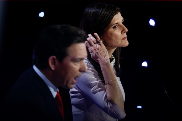 DES MOINES, IOWA - JANUARY 10: Republican presidential candidates Florida Gov. Ron DeSantis and former U.N. Ambassador Nikki Haley participate in the CNN Republican Presidential Primary Debate in Shes ...