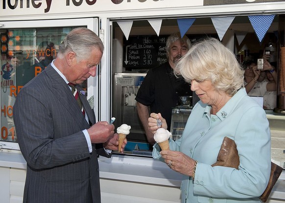 Prince Charles And Camilla, Duchess Of Cornwall Tour A Farmers Market Plus An Award Winning Fish And Chip Shop And An Ice Cream Parlour, During Their Visit To Aberaeron As Part Of Their Tour Of Wales. ...