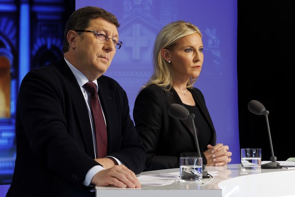 Mauro Poggia et Céline Amaudruz, sur le plateau de Léman Bleu.