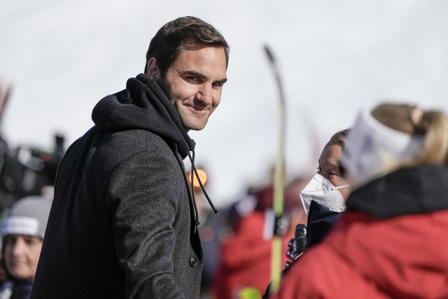 Switzerland&#039;s Roger Federer walks in the finish area of an alpine ski, women&#039;s World Cup super-G, in Lenzerheide, Switzerland, Saturday, March 5, 2022. (AP Photo/Giovanni Auletta)