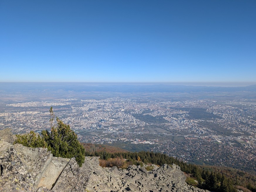 Panoramic view of Sofia, Bulgaria from Vitosha Mountain with clear blue skies and urban sprawl visible below. 26698030 RECORD DATE NOT STATED