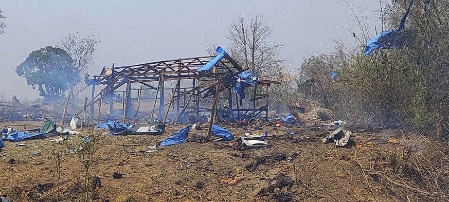 This photo provided by the Kyunhla Activists Group shows aftermath of an airstrike in Pazigyi village in Sagaing Region&#039;s Kanbalu Township, Myanmar, Tuesday, April 11, 2023. Witnesses and indepen ...