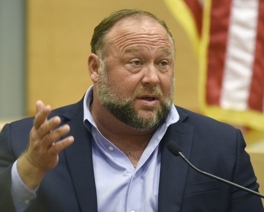 FILE - Infowars founder Alex Jones testifies at the Sandy Hook defamation damages trial at Connecticut Superior Court in Waterbury, Conn., on Thursday, Sept. 22, 2022. A six-person jury reached a verd ...