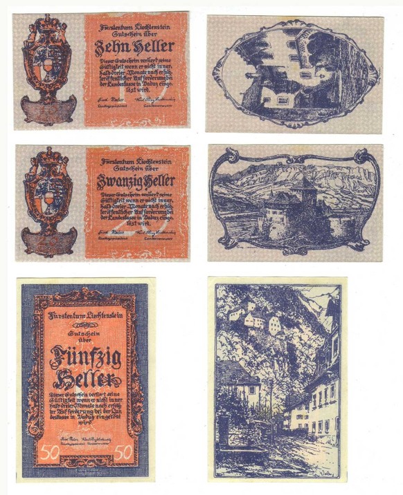 Monnaie de nécessité liechtensteinoise: des «bons» de 10, 20 et 50 hellers.
https://commons.wikimedia.org/wiki/File:Notgeld_Liechtenstein.jpg