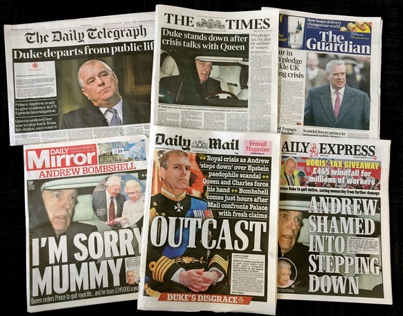 FILE - A combination photo of the front-pages of British newspapers on Thursday Nov. 21, 2019 headlining the scandal surrounding Britain&#039;s Prince Andrew. (AP Photo, file)
Britain Andrew&#039;s De ...
