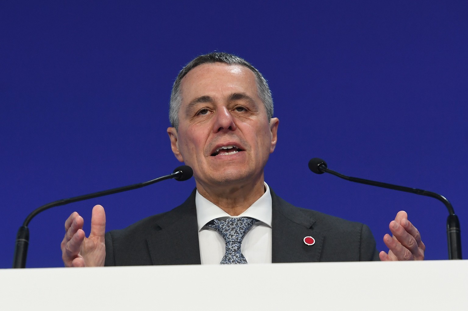 epa10705788 Minister of Foreign Affairs of Switzerland Ignazio Cassis addresses the closing session on the second and final day of the Ukraine Recovery Conference (URC) in London, Britain 22 June 2023 ...