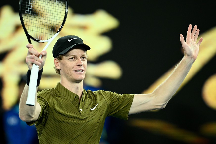 epa12670232 Jannik Sinner of Italy celebrates after winning his Mens 2nd round match against James Duckworth of Australia on day 5 of the 2026 Australian Open tennis tournament in Melbourne, Australi ...
