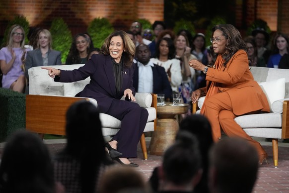 Democratic presidential nominee Vice President Kamala Harris joins Oprah Winfrey at Oprah&#039;s Unite for America Live Streaming event Thursday, Sept. 19, 2024 in Farmington Hills, Mich. (AP Photo/Pa ...