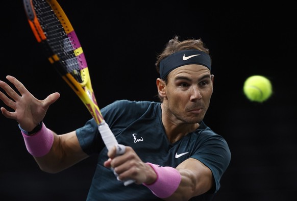 epa08803480 Rafael Nadal of Spain in action during his during his quarter final match against Pablo Carreno Busta of Spain at the Rolex Paris Masters tennis tournament in Paris, France, 06 November 20 ...