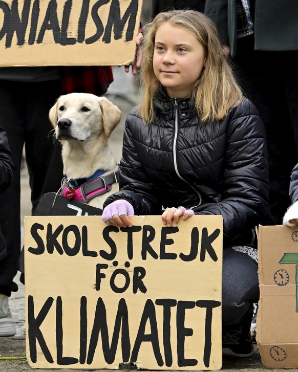 epa10242716 Greta Thunberg attends the Fridays For Future protest at Mynttorget in Stockholm, Sweden, 14 October 2022. EPA/Jonas Ekstromer SWEDEN OUT