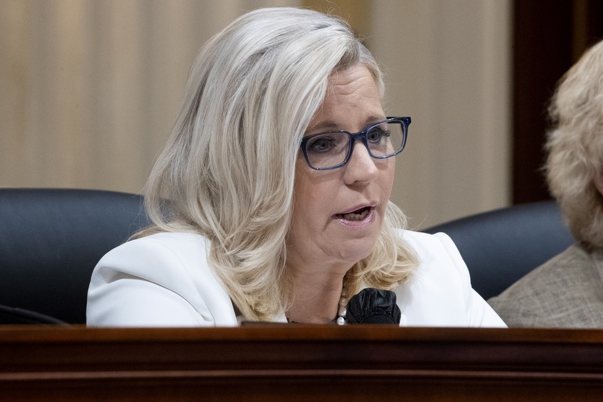 epa10030750 Vice Chairwoman of the House Select Committee to Investigate the January 6th Attack on the US Capitol Liz Cheney speaks during a public hearing of the House Select Committee to Investigate ...