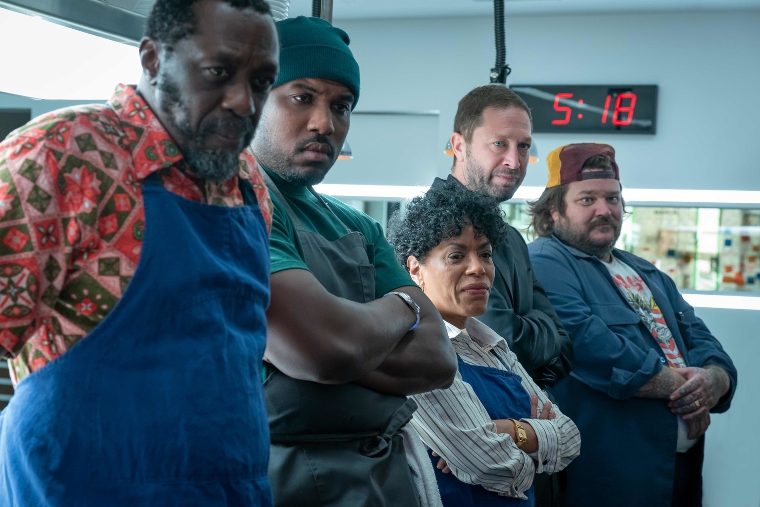 THE BEAR — “Bolognese” — Season 2, Episode 8 (Airs Thursday, June 22nd) Pictured: Edwin Lee Gibson as Ebraheim, Lionel Boyce as Marcus, Liza Colón-Zayas as Tina, Ebon Moss-Bachrach as Richard “Richie” ...