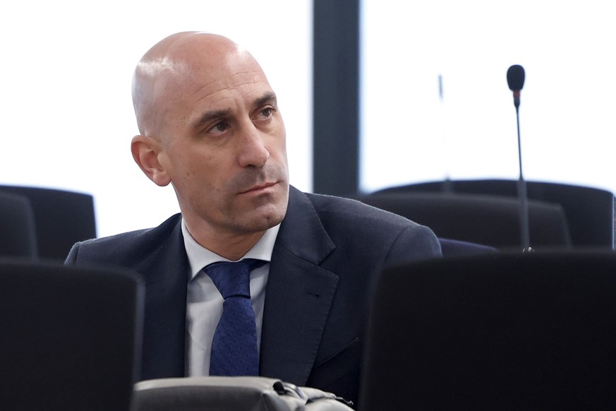 FILE - The former president of Spain&#039;s soccer federation Luis Rubiales sits in a courtroom on the outskirts of Madrid, Monday Feb. 3, 2025 where he goes on trial for his unsolicited kiss on forwa ...