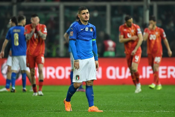 epa09847777 Italy&#039;s midfielder Marco Verratti shows his dejection at the end of the FIFA World Cup Qatar 2022 play-off qualifying soccer match between Italy and North Macedonia at the Renzo Barbe ...