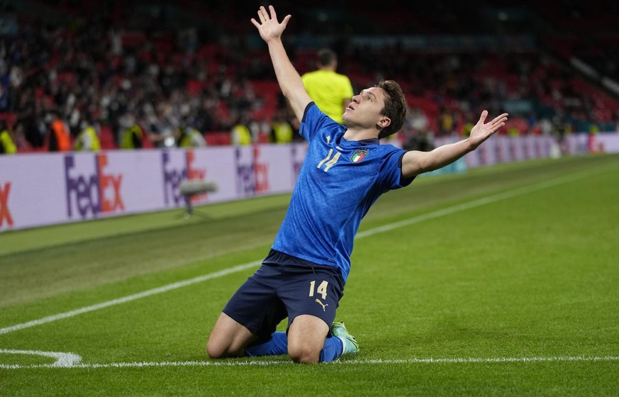 Italy&#039;s Federico Chiesa celebrates after scoring his side&#039;s opening goal during the Euro 2020 soccer championship round of 16 match between Italy and Austria at Wembley stadium in London, Sa ...
