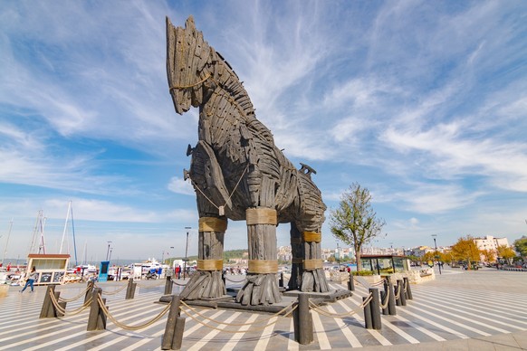 Canakkale, Turkey - October 15, 2017: Trojan horse statue in plaza city centrum.