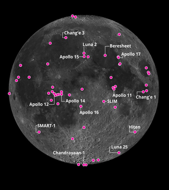 Karte mit Überblick über die künstlichen Objekte auf dem Mond