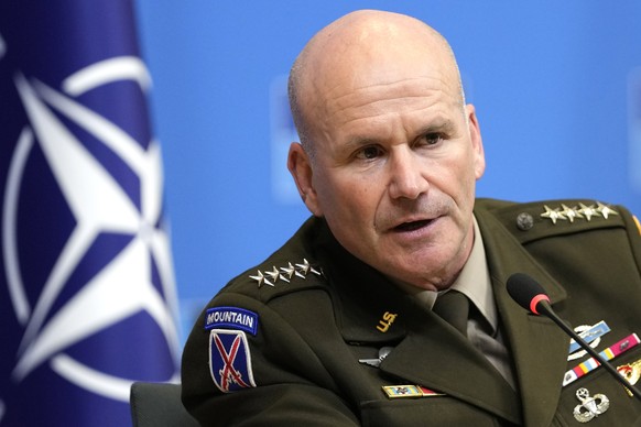 Supreme Allied Commander Europe, General Christopher Cavoli addresses a media conference at NATO headquarters in Brussels, Thursday, Jan. 18, 2024. Ukraine is locked in an existential battle for its s ...