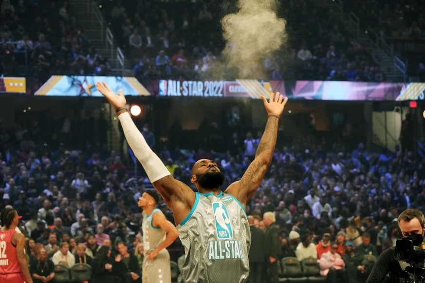 CLEVELAND, OHIO - FEBRUARY 20: LeBron James #6 of Team LeBron reacts before the 2022 NBA All-Star Game at Rocket Mortgage Fieldhouse on February 20, 2022 in Cleveland, Ohio. NOTE TO USER: User express ...
