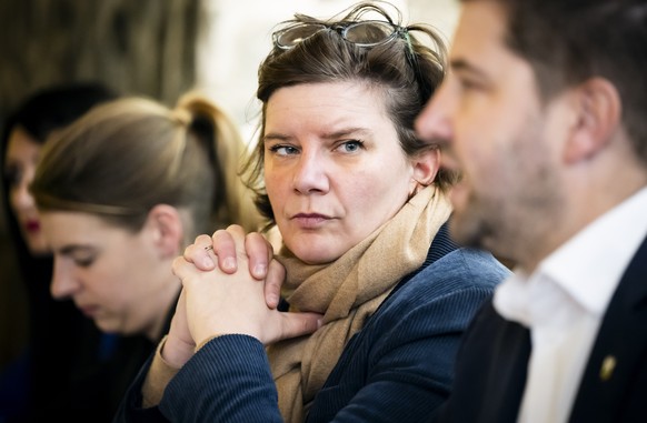 Sandra Marques, cheffe du groupe PLR Vevey, Mathilde Maillard, presidente du PLR Lausanne, Florence Bettschart-Narbel, presidente du PLR Vaud, et Gregory Bovay, vice-president du PLR Vaud, de gauche a ...