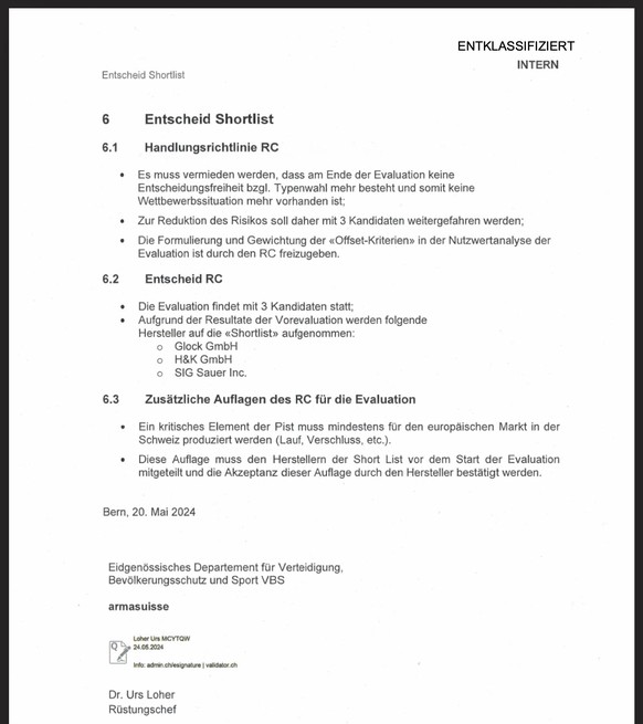 Interner Vorevaluationsbericht neue Schweizer Armeepistole von Armasuisse (2024). Screenshot: watson