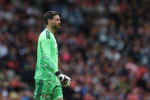 Scotland's goalkeeper Craig Gordon watches his team play during an international friendly soccer match between Scotland and Curacao in Glasgow, Scotland, Saturday, May 30, 2026. (AP Photo/Scott H ...