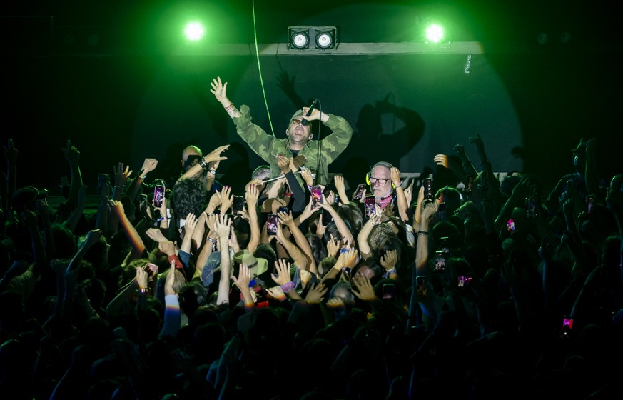 Singer Damon Albarn of the British alternative rock band Gorillaz performs on the Main stage, during the 49th edition of the Paleo Festival, in Nyon Switzerland, Thursday, July 23, 2026. (KEYSTONE/Jea ...