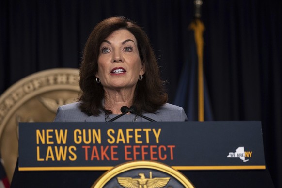 FILE - New York Gov. Kathy Hochul speaks during a news conference about upcoming &quot;Gun Free Zone&quot; implementation at Times Square, Aug. 31, 2022, in New York. Hochul in recent days announced t ...