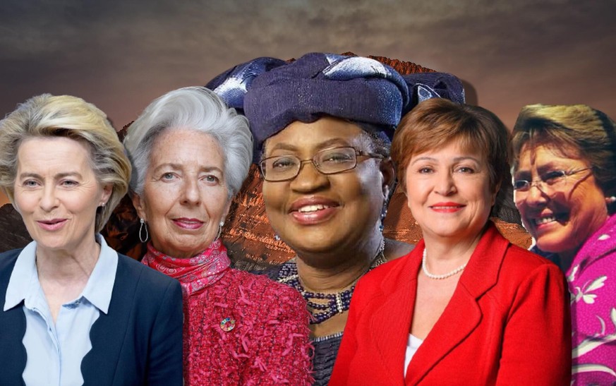 Ngozi Okonjo-Iwaela, Christine Lagarde, Michelle Bachelet, Ursula von der Leyen, Kristalina Guergiova, femmes, dirigeantes, organisations internationales, monde.