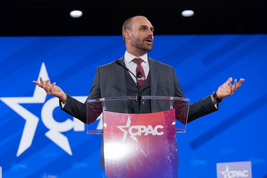 FILE - Eduardo Bolsonaro, a member of the Brazil Chamber of Deputies, speaks during the Conservative Political Action Conference in Oxon Hill, Md., Feb. 20, 2025. (AP Photo/Jose Luis Magana, File)
Edu ...
