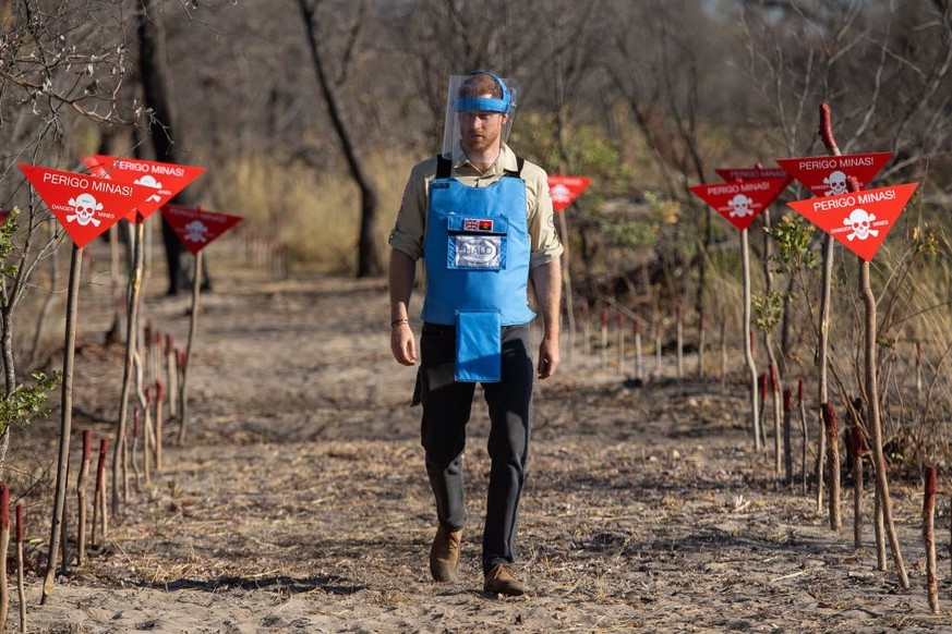 DIRICO, ANGOLA - SEPTEMBER 27: Prince Harry, Duke of Sussex walks through a minefield in Dirico, Angola, during a visit to see the work of landmine clearance charity the Halo Trust, on day five of the ...