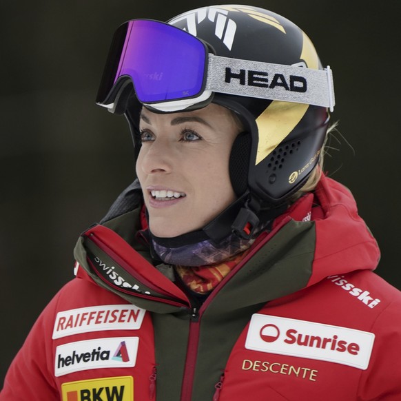 Switzerland&#039;s Lara Gut Behrami prepares during an alpine ski, women&#039;s World Cup downhill, in Garmisch, Germany, Saturday, Jan. 25, 2025. (AP Photo/Piermarco Tacca)