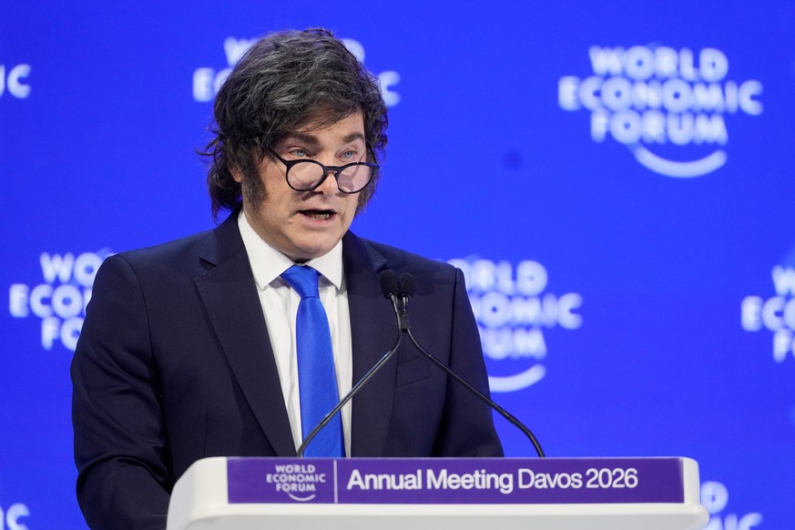 President of Argentina Javier Milei speaks during the Annual Meeting of the World Economic Forum in Davos, Switzerland, Wednesday, Jan. 21, 2026. (AP Photo/Markus Schreiber)
Switzerland Davos